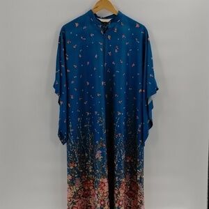 Rhapsody by Glazier-Chicago teal house coat large floral zip up angled sleeve